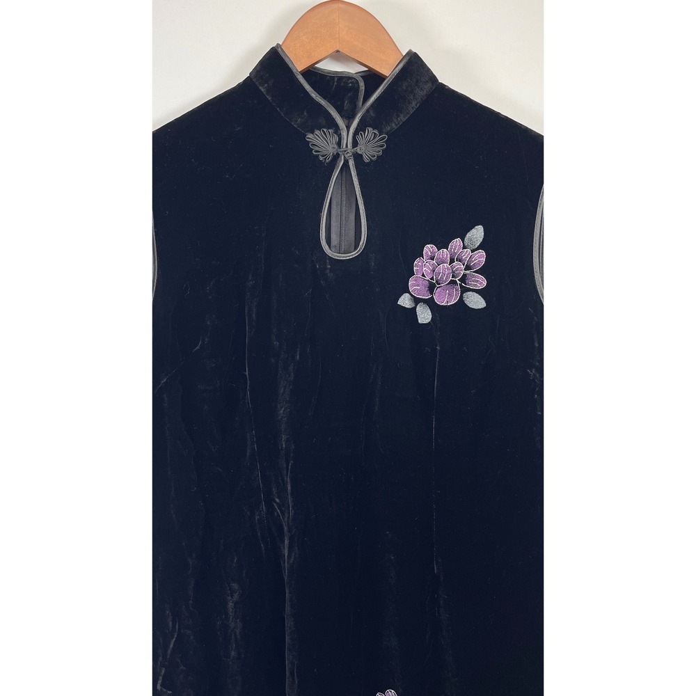 Womens Cheongsam Qipao Floral Velvet Maxi Dress M Black Hand-Painted Silk Blend‎ - Picture 3 of 10